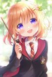  1girl :d bangs black_jacket blush collared_shirt commentary_request eyebrows_visible_through_hair gochuumon_wa_usagi_desu_ka? gryffindor hair_ornament hairclip harry_potter highres hogwarts_school_uniform holding hoto_cocoa jacket looking_at_viewer mozukun43 necktie open_mouth outdoors school_uniform shirt smile solo striped striped_neckwear upper_body violet_eyes white_shirt 