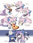  2girls :q animalization bakery blue_eyes butterfly_hair_ornament croissant curry dumpling eating food hair_ornament highres holding holding_spoon kazanari_tsubasa licking_lips long_hair maria_cadenzavna_eve multiple_girls pink_hair pizza senki_zesshou_symphogear shaded_face shop side_ponytail smile solid_oval_eyes spoon spoon_in_mouth takatsuki_nato tongue tongue_out 