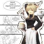  ahoge alternate_costume apron arknights black_sweater blonde_hair breasts cake coffee_mug cup doctor_(arknights) enmaided food highres holding holding_phone large_breasts maid maid_apron mayer_(arknights) meeboo_(arknights) mug najashi phone sweater white_background 