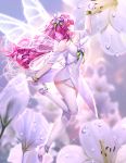  1girl absurdres alternate_hair_color ankle_flower anklet arm_up bangs been blurry blurry_background blurry_foreground butterfly_wings closed_mouth dress elesis_(elsword) elsword eyebrows_visible_through_hair fairy floating_hair flower flying from_side full_body hair_between_eyes hair_flower hair_ornament highres jewelry layered_dress long_hair pink_eyes pink_hair profile shiny shiny_hair short_dress sleeveless sleeveless_dress smile solo sparkle strapless strapless_dress thigh-highs transparent_wings very_long_hair white_dress white_flower white_legwear white_wings wings 