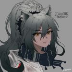  1girl animal_ear_fluff animal_ears arknights artist_name bangs black_scarf brown_eyes cat_ears character_name commentary copyright_name eyebrows_visible_through_hair grey_background hair_between_eyes highres long_hair looking_at_viewer paolo_espana scarf schwarz_(arknights) silver_hair simple_background solo 