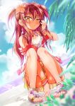  1girl adjusting_hair armband beach between_legs blurry blurry_background blurry_foreground blush cafe-chan_to_break_time cafe_(cafe-chan_to_break_time) camisole clouds cloudy_sky commentary_request earrings eyebrows_visible_through_hair flower hair_between_eyes hair_flower hair_ornament hair_over_shoulder hand_between_legs highres jewelry kneeling long_hair looking_at_viewer necklace open_clothes open_shirt orange_eyes original palm_leaf porurin redhead sandals skirt sky solo thigh_strap two_side_up wet white_camisole yellow_skirt 