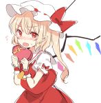  1girl blonde_hair blush bow eyebrows_visible_through_hair flandre_scarlet frilled_sleeves frills gift hat hat_bow holding holding_gift looking_at_viewer mob_cap open_mouth paragasu_(parags112) red_bow red_eyes red_shirt red_skirt shirt short_sleeves side_ponytail simple_background skirt skirt_set solo touhou white_background wings 