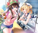  2girls alternate_costume amiya_(arknights) animal_ears arknights bare_shoulders bear_ears blonde_hair blue_eyes blue_shorts brown_hair commentary_request cowboy_shot dress food gummy_(arknights) hair_ribbon hand_up hat highres holding holding_food ice_cream long_hair looking_at_viewer multiple_girls one_eye_closed open_mouth rabbit_ears ribbon rukinya_(nyanko_mogumogu) shirt short_hair shorts sleeveless sleeveless_dress sleeveless_shirt smile soft_serve standing thigh_strap 
