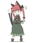  /\/\/\ 1girl animal_ears black_bow black_footwear bow braid cat_ears cat_tail dress eyebrows_visible_through_hair full_body green_dress hair_bow kaenbyou_rin long_dress multiple_tails neck_ribbon nekomata parted_lips poronegi red_neckwear red_ribbon redhead ribbon shoes simple_background slit_pupils solo standing tail touhou triangle_mouth turning_head twin_braids two_tails white_background 