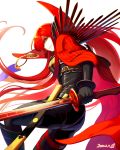 1girl black_bodysuit bodysuit buckle cape chain cowboy_shot dated fate/grand_order fate_(series) hair_over_one_eye highres holding holding_sword holding_weapon long_hair looking_at_viewer oda_nobunaga_(fate)_(all) oda_nobunaga_(maou_avenger)_(fate) pi_(p77777778) red_cape red_eyes redhead simple_background smile solo sword weapon white_background 
