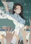  1girl :o arms_up black_hair blue_eyes chalk chalkboard child chinese_commentary chinese_text classroom commentary_request cravat day eraser hair_bobbles hair_ornament hands_up highres ibex long_hair picture_(object) very_long_hair white_neckwear 