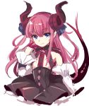 1girl bangs blue_eyes detached_sleeves dragon_girl dragon_horns dragon_tail dress elizabeth_bathory_(fate) elizabeth_bathory_(fate)_(all) eyebrows_visible_through_hair fate/extra fate/extra_ccc fate_(series) frilled_sleeves frills horns long_hair looking_at_viewer paragasu_(parags112) pointy_ears purple_hair simple_background solo tail tail_raised white_background