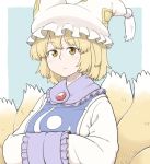  1girl animal_ears blonde_hair blue_background border brooch closed_mouth dress eyebrows_visible_through_hair fox_ears fox_tail hands_in_opposite_sleeves jewelry kitsune long_sleeves looking_at_viewer multiple_tails poronegi short_hair solo tabard tail touhou white_border white_dress yakumo_ran yellow_eyes 