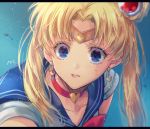  1girl bangs bishoujo_senshi_sailor_moon blonde_hair blue_background blue_eyes blue_sailor_collar bow bowtie choker crescent crescent_earrings derivative_work earrings from_side hair_ornament heart heart_choker icnsmu jewelry letterboxed parted_bangs parted_lips red_choker red_neckwear sailor_collar sailor_moon school_uniform screencap_redraw serafuku signature solo sweatdrop tiara twintails upper_body 