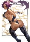  1girl 55level ass bangs bare_shoulders black_footwear black_leotard bleach boots breasts butt_crack closed_mouth dark_skin hand_on_hip highres leotard long_hair looking_at_viewer looking_back medium_breasts muscle muscular_female parted_lips ponytail purple_hair shihouin_yoruichi shiny shiny_hair simple_background skin_tight sleeveless smile solo thigh-highs thigh_boots thighs tied_hair vambraces 