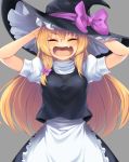  1girl :d ^_^ apron arms_up bangs black_headwear black_skirt black_vest blonde_hair blush bow breasts closed_eyes commentary_request eyebrows_visible_through_hair facing_viewer fang grey_background hair_between_eyes hair_bow hat hat_bow highres kirisame_marisa long_hair medium_breasts open_mouth puffy_short_sleeves puffy_sleeves purple_bow shirt short_sleeves simple_background skin_fang skirt skirt_set smile solo tarmo touhou upper_body very_long_hair vest waist_apron white_apron white_shirt witch_hat 