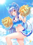  1girl ;d aoba_project aoba_rena bare_arms bare_legs bare_shoulders blue_bow blue_hair blue_shirt blue_skirt blue_sky bow breasts cheerleader clouds collarbone confetti cowboy_shot crop_top crop_top_overhang day groin hair_bow hands_up highres holding_pom_poms knee_up long_hair looking_at_viewer medium_breasts midriff miniskirt navel one_eye_closed open_mouth outdoors pleated_skirt pom_poms ponytail red_eyes sakura_moyon shirt sidelocks skirt sky sleeveless sleeveless_shirt smile solo standing standing_on_one_leg stomach sun sunlight thighs very_long_hair 
