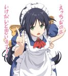  1girl andou_mahoro apron blue_dress blue_hair commentary_request dress green_eyes hand_on_hip highres index_finger_raised leaning_forward long_hair looking_at_viewer mahoromatic maid maid_headdress open_mouth pinakes red_neckwear simple_background solo translation_request white_apron white_background 
