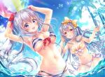  2girls :d aoba_chise aoba_project aoba_rena armpits arms_up ass_visible_through_thighs ball bare_arms bare_shoulders beachball bikini blue_hair blue_sky bow breasts breasts_apart clouds day floating_hair front-tie_bikini front-tie_top hair_bow halter_top halterneck highleg highleg_bikini holding large_breasts lens_flare long_hair looking_at_viewer mismatched_bikini multiple_girls navel open_mouth outdoors palm_tree parted_lips red_bow red_eyes sakura_moyon silver_hair sky smile stomach striped striped_bikini sunlight swimsuit tree very_long_hair violet_eyes wading water yellow_bow 