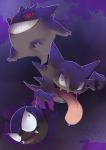  black_eyes commentary creature english_commentary evil_grin evil_smile fangs floating full_body gastly gen_1_pokemon gengar ghost grin haunter looking_at_viewer no_humans pinkgermy pokemon pokemon_(creature) purple_background red_eyes simple_background smile tongue tongue_out 