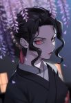  1boy absurdres alternate_hairstyle black_hair bound demon eyelashes flower genderswap genderswap_(mtf) hair_bun hair_ornament highres japanese_clothes kibutsuji_muzan kimetsu_no_yaiba kimono lipstick liyuchen1126 looking_at_viewer makeup red_eyes slit_pupils solo third-party_source tied_hair wisteria 