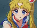  1girl bishoujo_senshi_sailor_moon blonde_hair blue_eyes blue_sailor_collar choker collarbone commentary_request crescent crescent_earrings earrings hair_bun heart jewelry long_hair magical_girl red_choker sailor_collar sailor_moon sailor_senshi sailor_senshi_uniform solo tiara tsukino_usagi twintails upper_body yudepan_(yuri_no_sugata) 