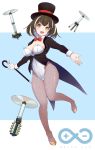  1girl :d aderi arknights bangs black_coat black_hair black_headwear blue_background blush bow bowtie brown_eyes cane coat commentary_request drone fishnet_legwear fishnets full_body hat head_tilt highres leotard leotard_under_clothes long_sleeves looking_at_viewer magallan_(arknights) multicolored_hair open_mouth pantyhose partial_commentary red_neckwear rhine_lab_logo short_hair smile solo streaked_hair top_hat two-tone_background white_background white_hair white_leotard 