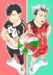  2boys ball black_hair bokuto_koutarou crossed_arms foreshortening from_above full_body grin haikyuu!! hand_on_hip holding holding_ball kuroo_tetsurou madara6k multiple_boys perspective pointing pointing_at_viewer simple_background smile sportswear volleyball volleyball_uniform white_hair yellow_eyes 