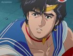  1boy 1girl bangs bishoujo_senshi_sailor_moon black_hair blue_eyes blue_sailor_collar chest choker circlet city_hunter crescent crescent_earrings crossdressinging derivative_work earrings hair_ornament heart heart_choker highres jewelry looking_to_the_side meme muscle pectorals red_choker saeba_ryou sailor_collar sailor_moon_redraw_challenge screencap_redraw solo sweatdrop thick_eyebrows upper_body ymzkmsr 