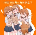  ! 4girls :o ? \m/ bangs blue_skirt blush brown_eyes brown_hair brown_vest cheek_poking clone commentary_request empty_eyes jitome last1031t lifted_by_another misaka_imouto misaka_imouto_19090 multiple_girls orange_background poking school_uniform shirt shirt_lift short_hair short_sleeves simple_background skirt surrounded sweatdrop to_aru_majutsu_no_index tokiwadai_school_uniform translation_request v-shaped_eyebrows vest white_shirt 