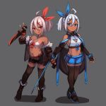  2girls :q ahoge bangs bare_shoulders bikini bikini_top black_footwear black_gloves black_jacket black_legwear black_shorts blue_eyes blue_ribbon blue_skirt blush boots bow breasts brown_legwear closed_mouth collarbone commentary criss-cross_halter crop_top dagger dual_wielding elbow_gloves eyebrows_visible_through_hair fingerless_gloves fur-trimmed_boots fur-trimmed_jacket fur_trim gloves glowing grey_background hair_between_eyes hair_ornament hair_ribbon hairclip halterneck highleg highleg_panties highres holding holding_dagger holding_sword holding_weapon jacket midriff miya_(miyaruta) multiple_girls navel off_shoulder open_clothes open_jacket original panties parted_bangs pleated_skirt pointy_ears ponytail red_bow red_eyes red_ribbon ribbon shadow shirt short_shorts shorts silver_hair skirt sleeveless sleeveless_shirt small_breasts smile standing swimsuit sword symbol_commentary thigh-highs thighhighs_under_boots tongue tongue_out underwear weapon white_bikini white_panties white_shirt 