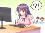  !? 1boy 2girls a.x. ahoge bangs black_ribbon blush blush_stickers breast_rest breasts brown_eyes brown_hair chibi covered_nipples desk drawing_tablet eyebrows_visible_through_hair frilled_sleeves frills hair_ornament highres holding holding_stylus inconvenient_breasts keyboard_(computer) large_breasts long_hair mo_xiaoju monitor multiple_girls nose_blush pink_shirt ribbon shaded_face shirt short_sleeves solo_focus stylus sweatdrop tricolour_lovestory twintails very_long_hair violet_eyes wen_zhi 