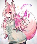  1girl animal_ear_fluff animal_ears brand_new_animal fang fire fox_ears fox_girl fox_tail furry grey_shirt hand_on_own_chest highres hiwatashi_nazuna long_hair magic open_mouth outstretched_hand pink_eyes pink_hair shirt simple_background solo tail upper_body white_background yazuishou_ray 