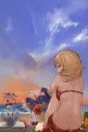  2girls athena_(granblue_fantasy) back beach bikini blonde_hair blue_eyes blue_sky clouds crab crazy_straw drink drinking_straw flower from_behind gameplay_mechanics granblue_fantasy grey_hair hair_ribbon heart_straw highres hurricane_glass leg_hug medusa_(shingeki_no_bahamut) multiple_girls n9+ open_mouth red_eyes ribbon running seashell shell sitting sky snake_hair sun swimsuit twilight 