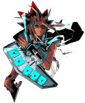  1boy atem bare_shoulders black_jacket blonde_hair card chain duel_disk electricity jacket jacket_on_shoulders kokusoji looking_to_the_side male_focus medium_hair multicolored_hair open_clothes open_jacket red_eyes sleeveless solo spiky_hair upper_body white_background yami_yuugi yuu-gi-ou yuu-gi-ou_duel_monsters yuu-gi-ou_r 