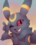  ;d commentary commission creature english_commentary face finger_gun gen_2_pokemon grin highres looking_at_viewer no_humans one_eye_closed open_mouth pokemon pokemon_(creature) red_eyes salanchu simple_background smile solo umbreon 