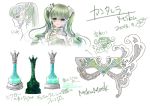  1girl bangs breast_suppress cantarella_(vocaloid) character_name chess_piece chibi drill_hair eye_mask flower green_hair hair_flower hair_ornament hatsune_miku hollow_eyes itto_maru long_hair long_sleeves mask multiple_views parted_lips profile project_diva_(series) queen_(chess) rosa_bianca_(module) rose simple_background smile twin_drills vocaloid whip white_background white_flower white_rose 