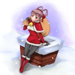  1girl aokuma_(toscabear) bell black_gloves black_legwear blush boots bow capelet chimney christmas dress earmuffs fur-trimmed_boots fur-trimmed_capelet fur-trimmed_dress fur_trim gensou_suikoden gensou_suikoden_v gloves hair_bow hair_rings knee_boots miakis pantyhose purple_hair red_bow red_capelet red_dress red_footwear rooftop sack santa_dress smile snow snowing solo violet_eyes 