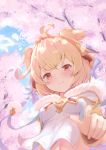  andira_(granblue_fantasy) animal_ears bangs blonde_hair blush bow breasts cherry_blossoms eyebrows eyebrows_visible_through_hair granblue_fantasy hair_bow hair_ornament highres kimblee looking_at_viewer monkey_ears navel red_eyes ribbon short_hair smile twintails two_side_up 