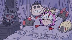  1girl bed beelzebub_(helltaker) bug character_doll demon_girl demon_horns helltaker helltaker_(character) horns indoors kyo-hei_(kyouhei) lucifer_(helltaker) sleeping solo white_hair 