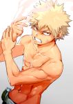  1boy abs bakugou_katsuki bangs bara bare_arms bare_shoulders blonde_hair boku_no_hero_academia bomb bruise collarbone fighting_stance from_above gradient gradient_background injury looking_at_viewer male_focus muscle navel no_nipples pants red_eyes shirtless simple_background spiky_hair steam teeth tsudoo 