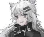  1girl :d absurdres animal_ears arknights bangs black_jacket chinese_commentary commentary_request eyebrows_visible_through_hair fangs grey_eyes hair_ornament hairclip high_collar highres jacket lappland_(arknights) long_hair looking_at_viewer open_mouth portrait sample silver_hair simple_background smile solo white_background wolf_ears yadandandan 