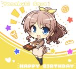  1girl :d apron bang_dream! bangs beige_apron black_legwear blue_eyes blush_stickers bread brown_dress brown_footwear brown_hair character_name chocolate_cornet collarbone commentary_request dress eyebrows_visible_through_hair food full_body hair_ribbon hanasakigawa_school_uniform happy_birthday highres holding holding_tray kneehighs loaf_of_bread long_hair long_sleeves looking_at_viewer neck_ribbon notice_lines open_mouth ponytail red_neckwear ribbon sailor_collar sailor_dress school_uniform shoes sidelocks smile solo standing star teen_(teen629) thigh-highs tray two-tone_background white_background white_sailor_collar yamabuki_saaya yellow_background yellow_ribbon zettai_ryouiki 