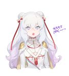 +_+ 1girl absurdres azur_lane big_hair blue_eyes blush cape double_bun eyebrows_visible_through_hair gradient_hair grey_hair hair_between_eyes hair_ribbon highres le_malin_(azur_lane) long_hair looking_at_viewer multicolored multicolored_eyes multicolored_hair ohisashiburi open_mouth pink_eyes purple_hair red_ribbon ribbon simple_background solo upper_body upper_teeth white_background yellow_cape 