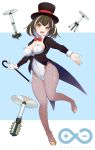  1girl :d aderi arknights bangs black_coat black_hair black_headwear blue_background blush bow bowtie brown_eyes cane coat commentary drone fishnet_legwear fishnets full_body hat head_tilt highres leotard leotard_under_clothes long_sleeves looking_at_viewer magallan_(arknights) multicolored_hair open_mouth pantyhose red_neckwear rhine_lab_logo short_hair smile solo streaked_hair top_hat two-tone_background white_background white_hair white_leotard 