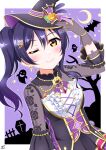  1girl bangs bat blue_hair blush crescent_moon earrings ghost gloves hair_ornament hairclip halloween hand_on_headwear haruharo_(haruharo_7315) hat highres jewelry long_hair long_sleeves looking_at_viewer love_live! love_live!_school_idol_project moon one_eye_closed ponytail pumpkin see-through see-through_sleeves side_ponytail smile solo sonoda_umi swept_bangs witch witch_hat yellow_eyes 