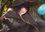  1girl bangs battle black_cape black_dress black_hair black_headwear blush breasts cape cccpo day dress eyebrows_visible_through_hair hat holding holding_staff large_breasts long_sleeves multicolored_hair open_mouth original outdoors purple_hair short_hair slime solo staff tree two-tone_hair upper_body violet_eyes witch witch_hat 