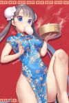  1girl bamboo_steamer baozi blue_eyes blush breasts china_dress chinese_clothes double_bun dress food food_in_mouth groin highres kirisaki_(miku-azu-2525) leg_up looking_at_viewer no_panties original solo steam sweatdrop twintails 