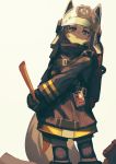  1girl absurdres animal_ears animal_ears_helmet arknights axe black_gloves black_jacket black_shorts brown_background brown_eyes brown_hair commentary_request fake_animal_ears fire_axe fire_helmet fire_jacket firefighter fixro2n gloves highres holding holding_axe jacket knee_pads long_sleeves looking_at_viewer parted_lips shaded_face shaw_(arknights) shorts simple_background smile solo squirrel_girl squirrel_tail standing tail white_headwear 