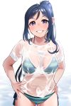  1girl bikini blue_hair breasts commentary_request cowboy_shot grin hands_on_hips highres igarashi_kyouhei large_breasts long_hair looking_at_viewer love_live! love_live!_sunshine!! matsuura_kanan ponytail see-through shirt side-tie_bikini simple_background smile solo striped striped_bikini swimsuit t-shirt violet_eyes white_background white_shirt 
