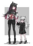  2girls :d ahoge animal_ear_fluff animal_ears ankle_boots arknights bangs black_capelet black_footwear black_hair black_jacket black_legwear black_shorts boots brown_eyes capelet chinese_commentary commentary_request food full_body grey_eyes hair_ornament hairclip hand_up height_difference holding holding_food id_card jacket lappland_(arknights) long_hair long_sleeves multicolored_hair multiple_girls open_mouth pantyhose pocky redhead scar scar_across_eye shoes short_shorts shorts silver_hair smile socks standing texas_(arknights) very_long_hair white_jacket white_legwear wide_sleeves wolf_ears yadandandan younger 