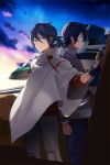  aircraft airplane back-to-back black_hair blue_eyes clenched_hand cloak fighter_jet gundam gundam_build_divers gundam_build_divers_re:rise gunpla highres jet kuga_hiroto military military_vehicle multiple_views school_uniform short_hair takerusilt tied_hair 