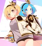  2girls bike_shorts blonde_hair blue_eyes blue_hair bob_cut brown_eyes casual commentary_request conqueror_of_the_eternals contemporary djeeta_(granblue_fantasy) dual_persona dutch_angle earrings granblue_fantasy grin guider_to_the_eternal_edge hair_ornament hairband hood hooded_jacket jacket jewelry looking_at_viewer looking_back multiple_girls open_mouth smile sword umazuta weapon 