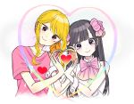  2girls black_hair blonde_hair bow brown_eyes commentary_request dress gal_to_otaku_wa_wakari_aenai. hair_ornament hair_scrunchie happy heart heart_hands heart_hands_duo idol idol_clothes kawai_rou looking_at_viewer multiple_girls otonashi_amane pink_bow pink_shirt saotome_maria_(gal_to_otaku) scrunchie shirt simple_background smile upper_body violet_eyes white_background white_dress wrist_cuffs yuri 